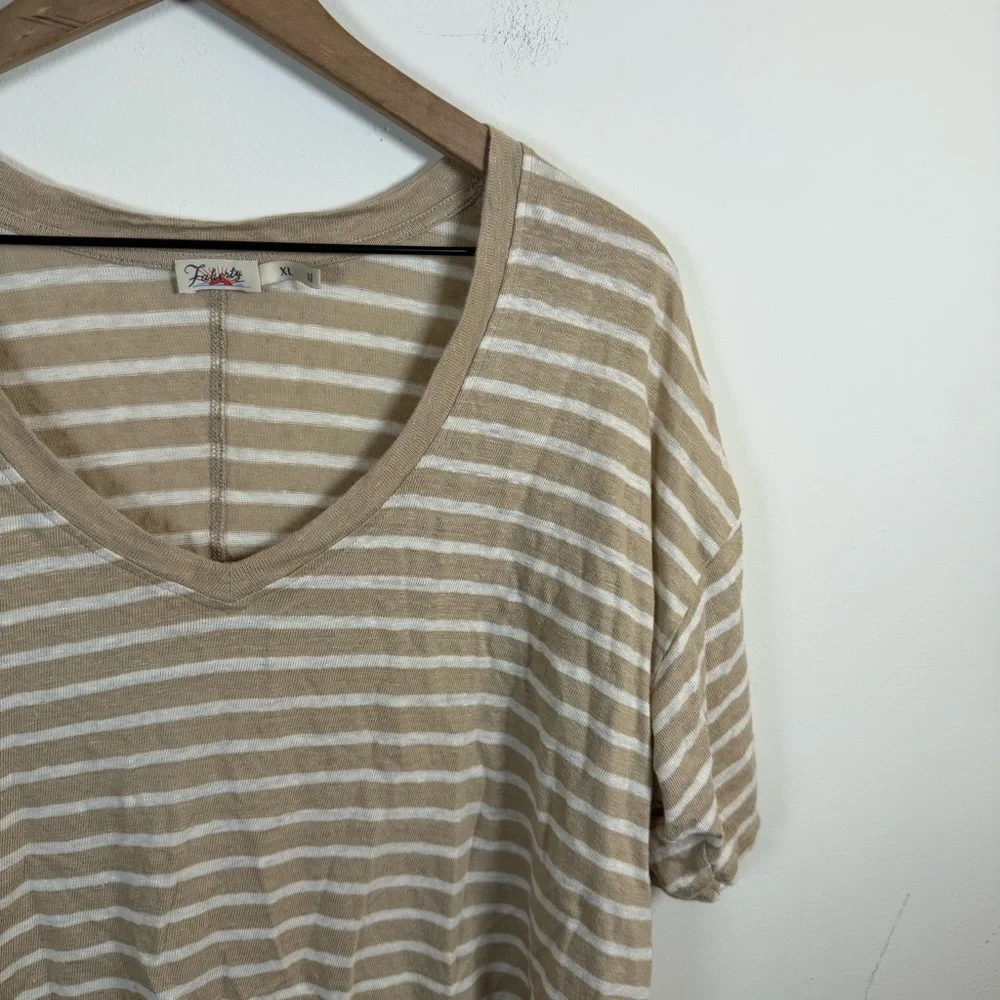 Faherty Women Cream Oceanside 100% Linen V Neck Top Size XL Beach Resort Stripes - Picture 3 of 6